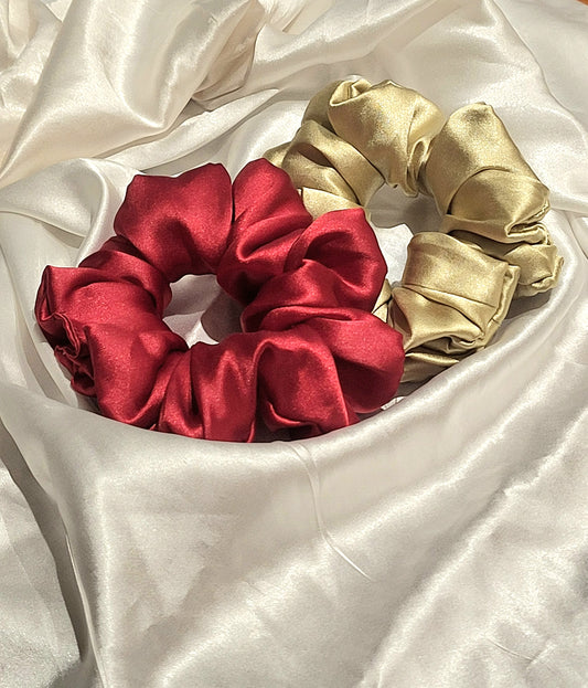 Royal Luxe Satin Scrunchie Set – Gold & Maroon